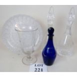 A good Bristol blue early 19th century rum decanter & stopper, two other decanters,