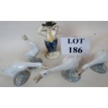 Four Lladro swans/geese, and a Royal Doulton model 'The Snowman',