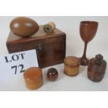 Treen: To include a very tactile stemmed cup, three 19th century covered boxes,