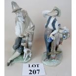 Retired Lladro figurines typical peddler-man with donkey selling pots and old man with dog (stick
