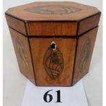 A George III octagonal marquetry inlaid satinwood tea caddy, with hinged lid,