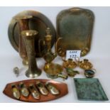 A collection of copper and brassware, to include Persian/Indian vases and trays, Chinese censor,