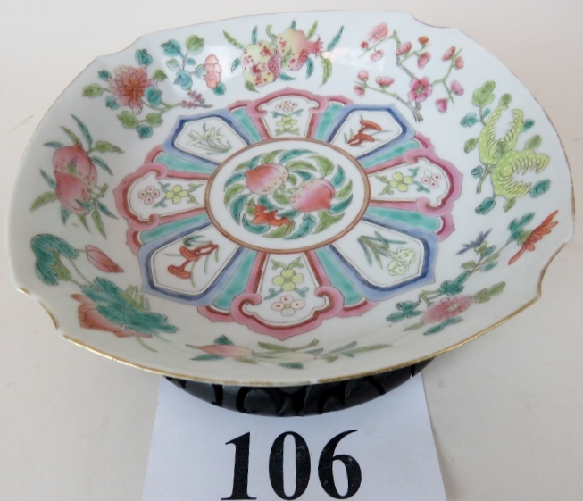 A 19th century Chinese porcelain dish painted in coloured enamels with peach's,