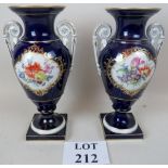 A pair of Meissen vases, cobalt blue with floral decoration with blue crossed sword marks to base,