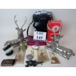 An Olympus OM20 camera and accessories, pair of plated model stags, an antique wooden snuff box,