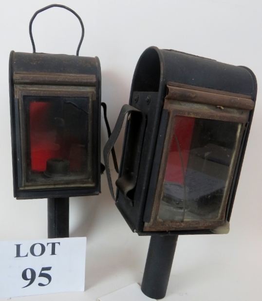 A pair of 19th century coaching lamps, with inset red and green glass panels,