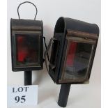A pair of 19th century coaching lamps, with inset red and green glass panels,