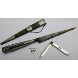 A rare antique eastern dagger and a Victorian silver bladed mother of pearl handle fruit knife,