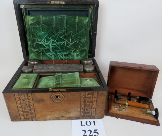 A large 19th century marquetry ladies vanity box, silver plated lidded pots,