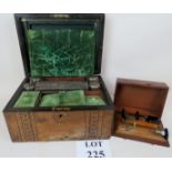 A large 19th century marquetry ladies vanity box, silver plated lidded pots,