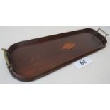 An Edwardian marquetry inlaid mahogany tray of oblong form with rounded ends and twin brass