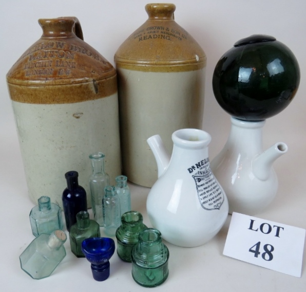 Blue glass eye bath, Nelson's Inhalers', pharmaceutical bottles, stoneware advertising flasks,