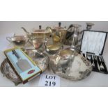 A collection of plated items to include Art Deco four piece tea set,