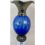 A large decorative blue glass and pewter vase,