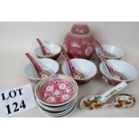 A quantity of modern Chinese ceramics, including soup bowls and spoons, side dishes,