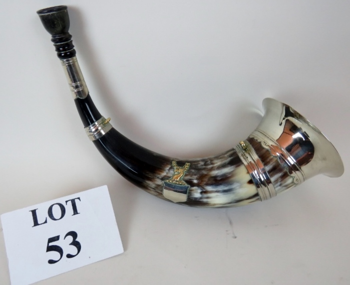 A 19th century hunting horn with silver plated mounts and applied crest est: £30-£50