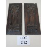 A pair of early carved oak panels, 17th or 18th century, both decorated with female characters,