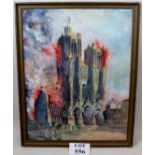 British School (early 20th century) - 'Burning cathedral', pastel, signed with monogram G.