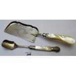 A mother of pearl handled silver-plated stilton scoop and a mother of pearl handle plated crumb