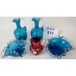 A pair of Victorian blue glass jugs, 2 similar dishes,