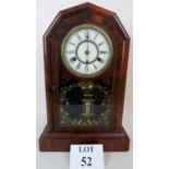 A 19th century American style striking mantel clock, with walnut case and painted glass door,