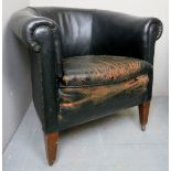 A 20th century tub chair, upholstered in black leather and terminating on tapered legs with castors,