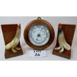 An Edwardian oak cased aneroid barometer, and a pair of Art Deco horn,