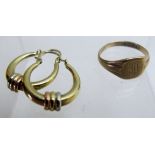 A 9ct gold signet ring, size I, and a pair of 9ct gold hoop earrings, approx 3.