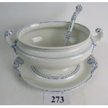 A large 19th century blue and white ceramic twin-handled soup tureen and stand,