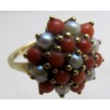 A 9ct gold coral and seed pearl cluster ring,