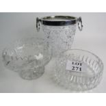 A large silver plated mounted moulded glass ice-bucket, a cut glass pedestal bowl,