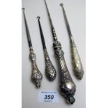 A collection of four button hooks, Birmingham 1890, 1904,