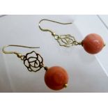 Coral earrings, 45mm drop, shepherds hook,