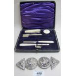 Indian white metal buckle and a part ivory manicure set.