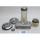 Three hobnail cut pots with silver lids,