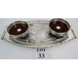 Silver plated serving tray with two wine coasters, and fitted cut glass dishes,