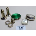 A green enamelled 925 stamped small compact, 2 silver peppers, 2 small pots,