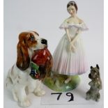 Three Royal Doulton figures: Gun Dog & Game Bird HN1028, Standing Dog K10 and Ly Sylphide HN2138.