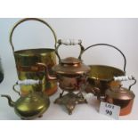 Copper & brassware to include a Victorian 14 inch preserve pan, Victorian kettle, coal bucket etc,