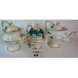 Three Victorian teapots, two with gilt decoration,