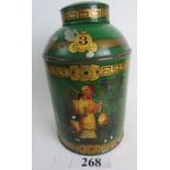 A vintage tole-ware storage container and cover with Chinoiserie decoration and '3', 36cm high,