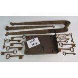 Antique metal hinges, lock and collection of keys,