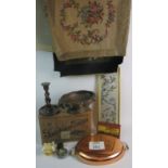Decorative objects to include a vintage graphic South Western Dairies box, Chinese silkwork panel,