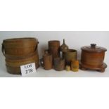 A collection of antique and vintage treen, to include a Mauchline ware 'Tenterden' money barrel,