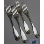 A set of four Georgian silver Newcastle table forks, Dorothy Langlands,