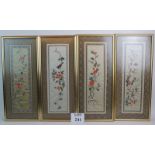 A set of four 20th century Chinese silk-work panels depicting birds, insects and flowering branches,