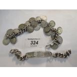 A silver link bracelet with 25 silver 3d and a silver link identity bracelet, hallmarks worn,