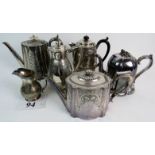 Five Victorian silver plated Teapots and hot water pots (including a James Dixon melon shaped