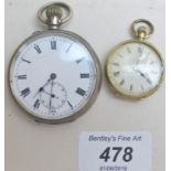 A smaller 18ct gold engraved cased pocket watch (glass loose) and a 925 stamped pocket watch.