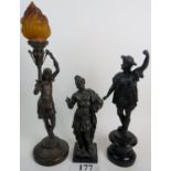Three vintage bronzed sculptures modelled as ancient figures (one being a lamp base), 54cm,